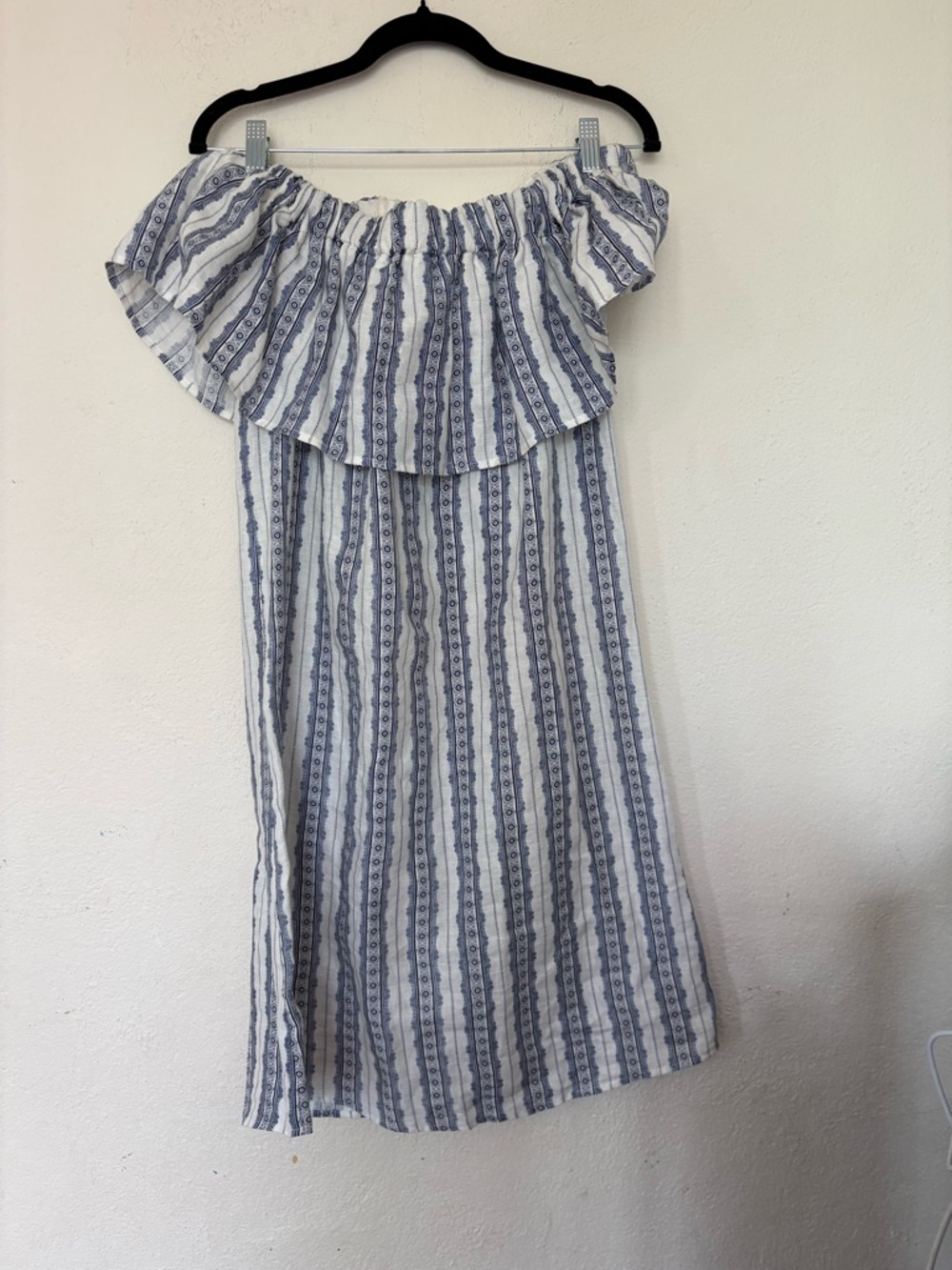 Sea Cream and Navy Off the Shoulder Midi Dress